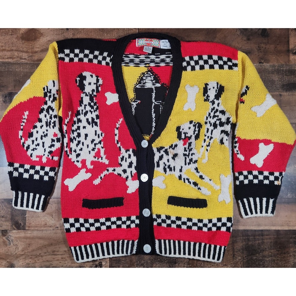 Vintage 90s Cardigan Bay Sweater Small Dalmatian Dogs Intarsia Hand Knit Cottage